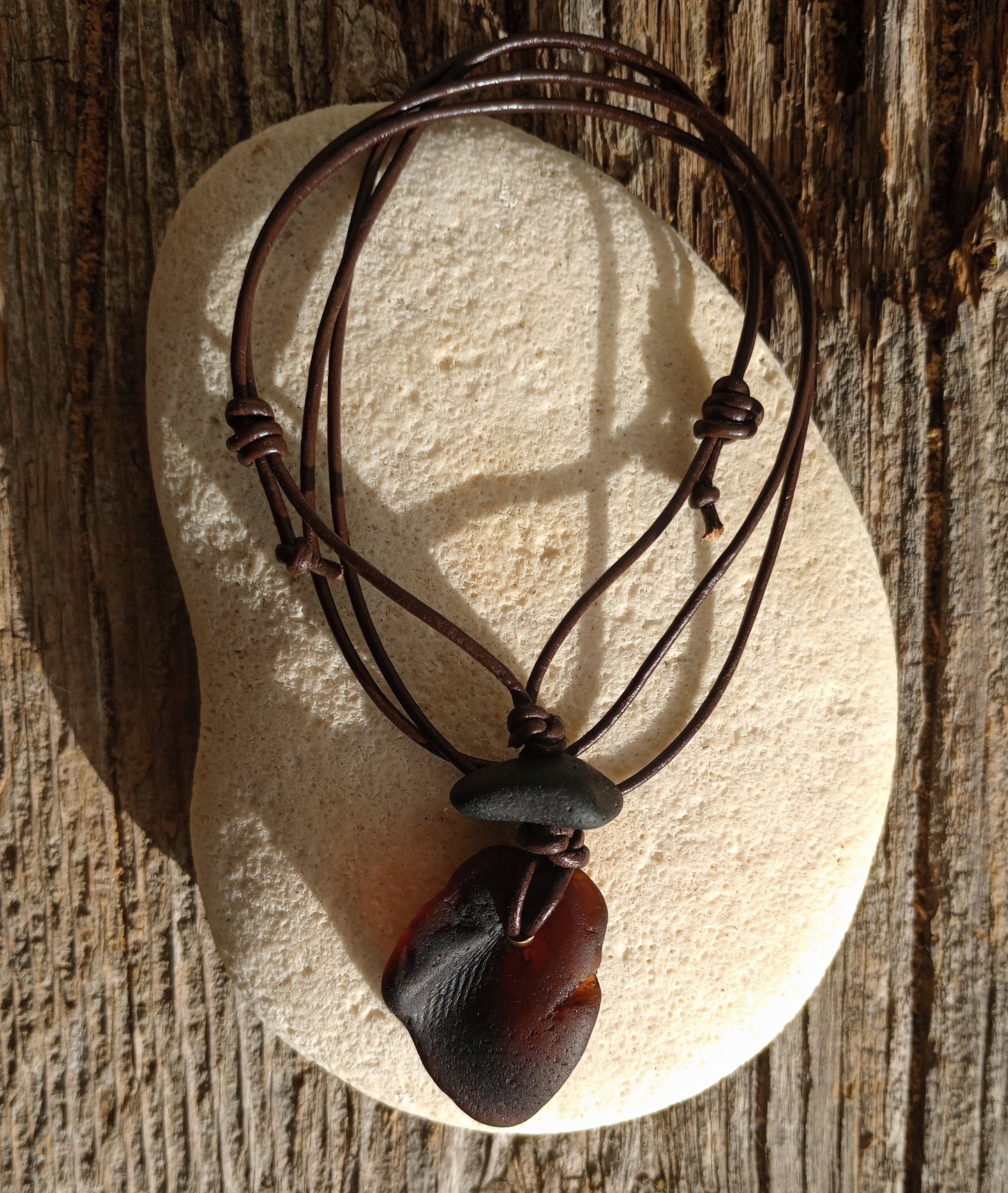 Dark Amber Bonfire Glass and Sea Stone on Leather