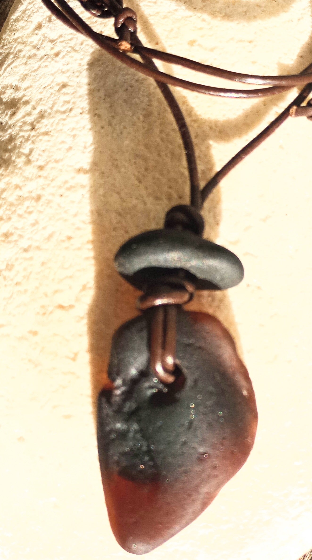 Dark Amber Bonfire Glass and Sea Stone on Leather