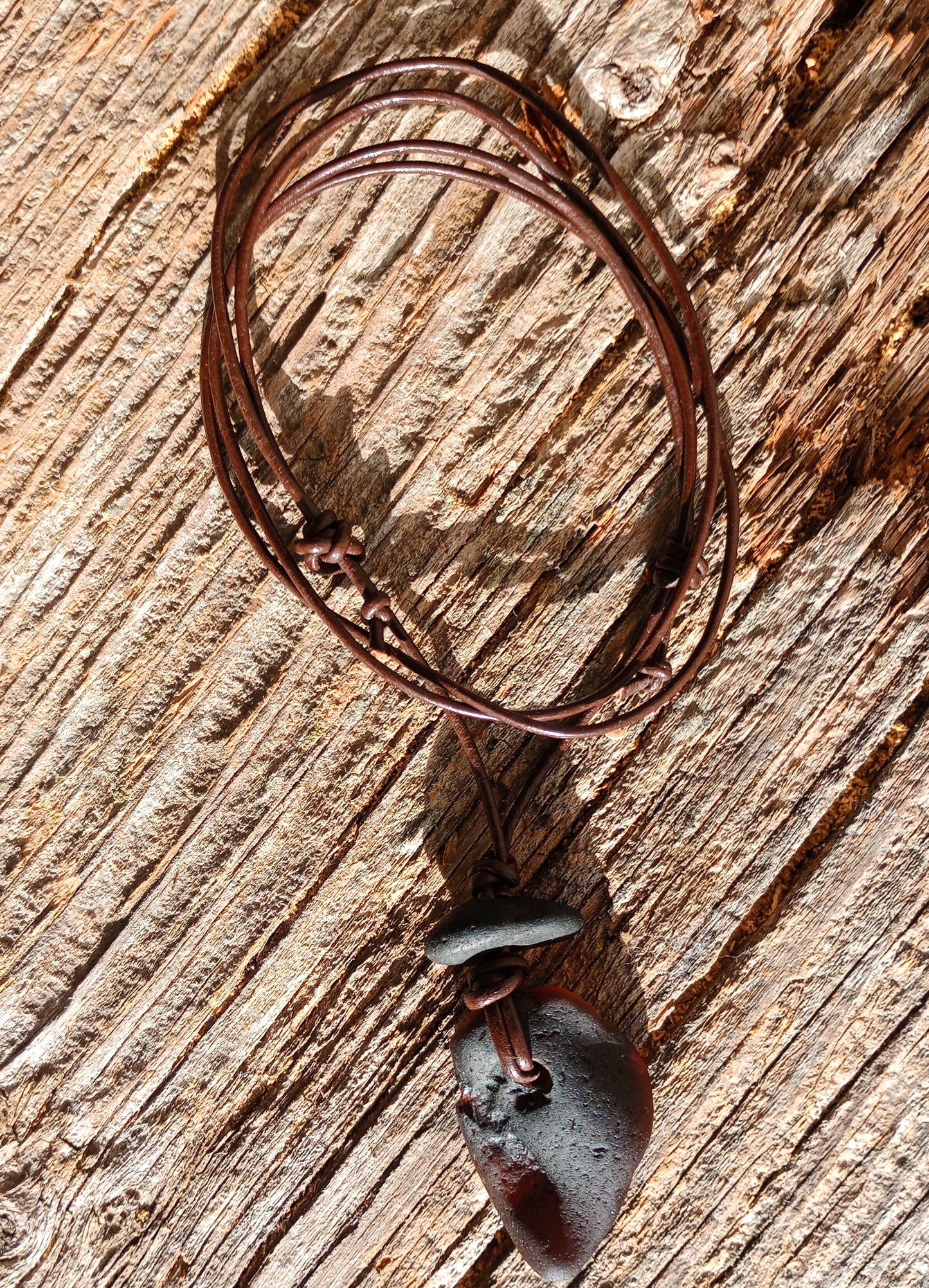 Dark Amber Bonfire Glass and Sea Stone on Leather